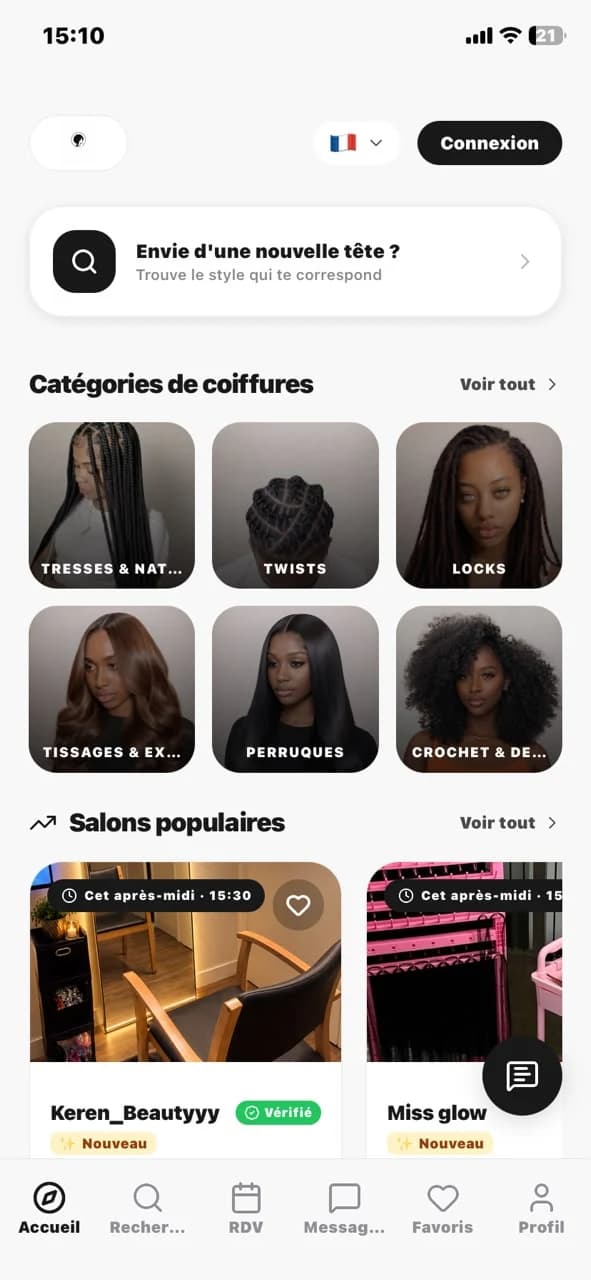 Accueil de l’app Sankéa : catégories de coiffures et salons populaires