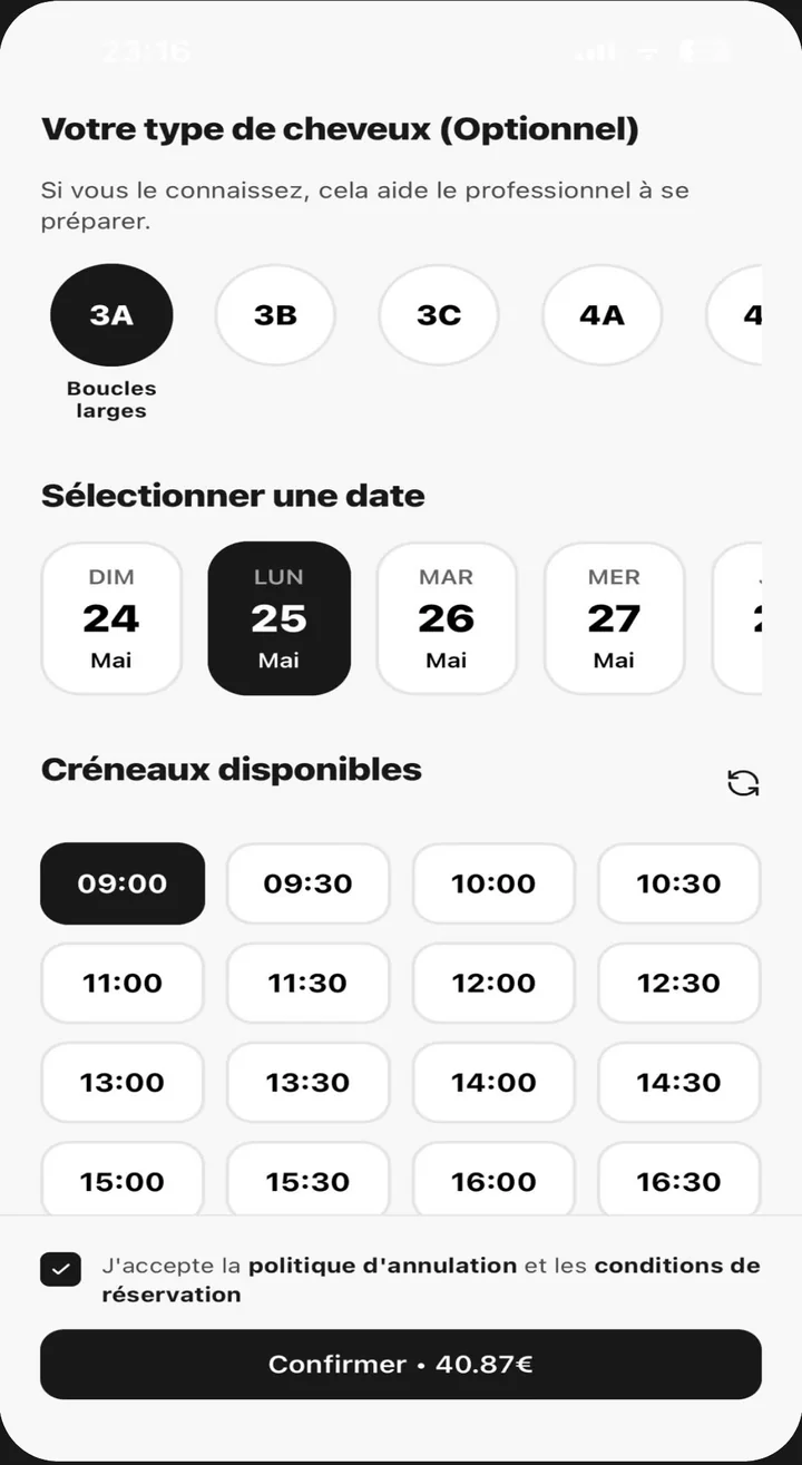 Choix d’une date et d’un créneau disponible