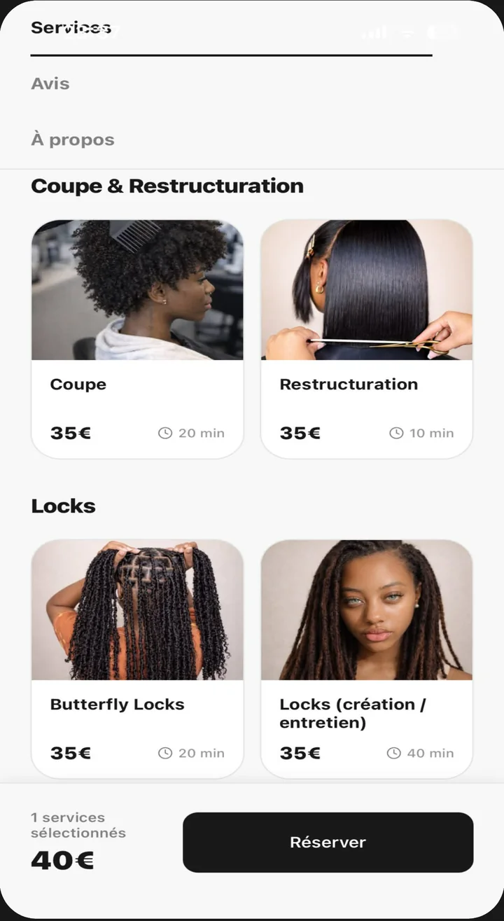 Prestations d’un salon avec leur prix et leur durée