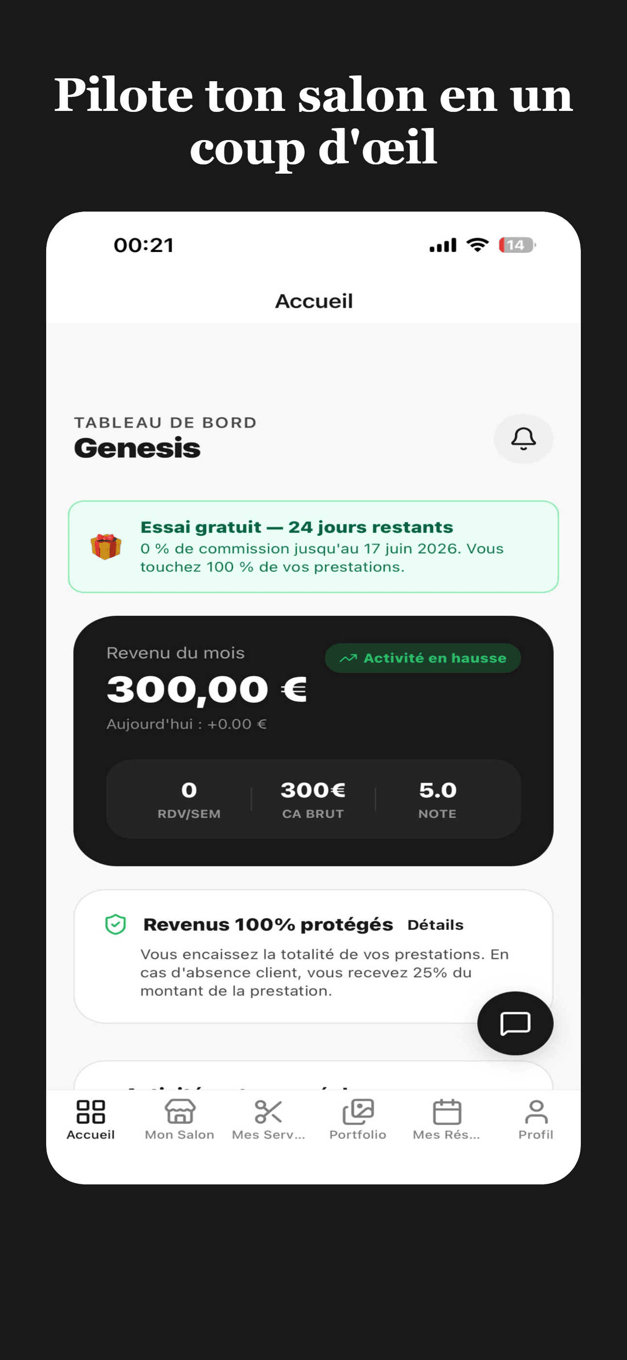 Tableau de bord coiffeuse dans l’app Sankéa