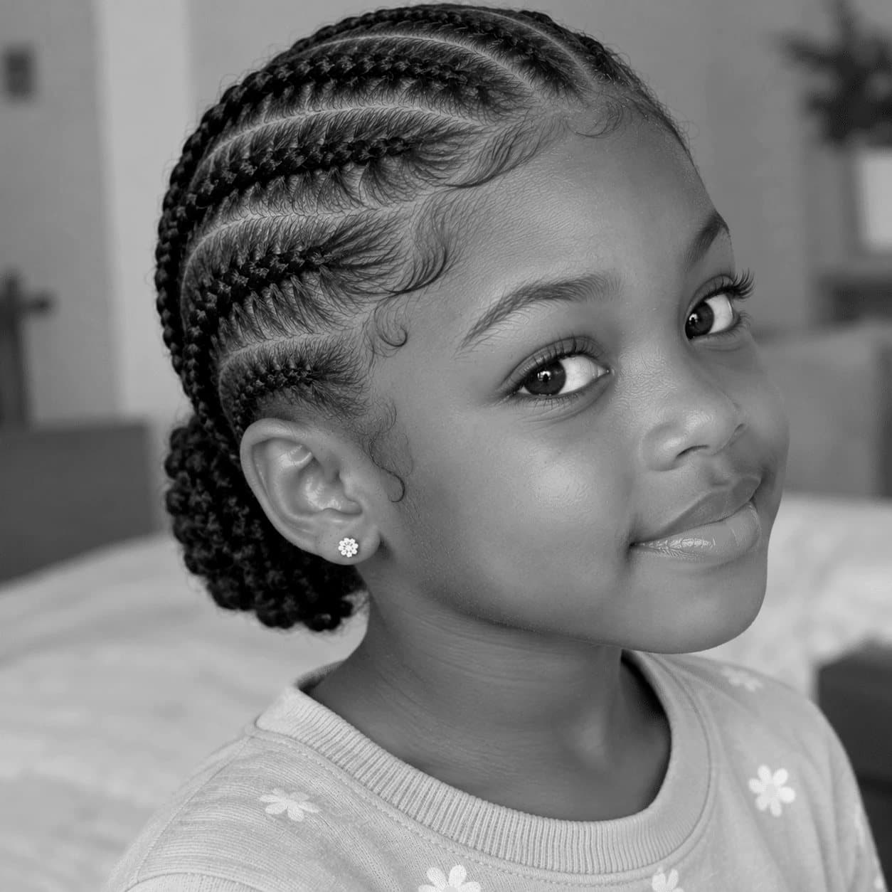 Petite fille avec des nattes collées et un chignon
